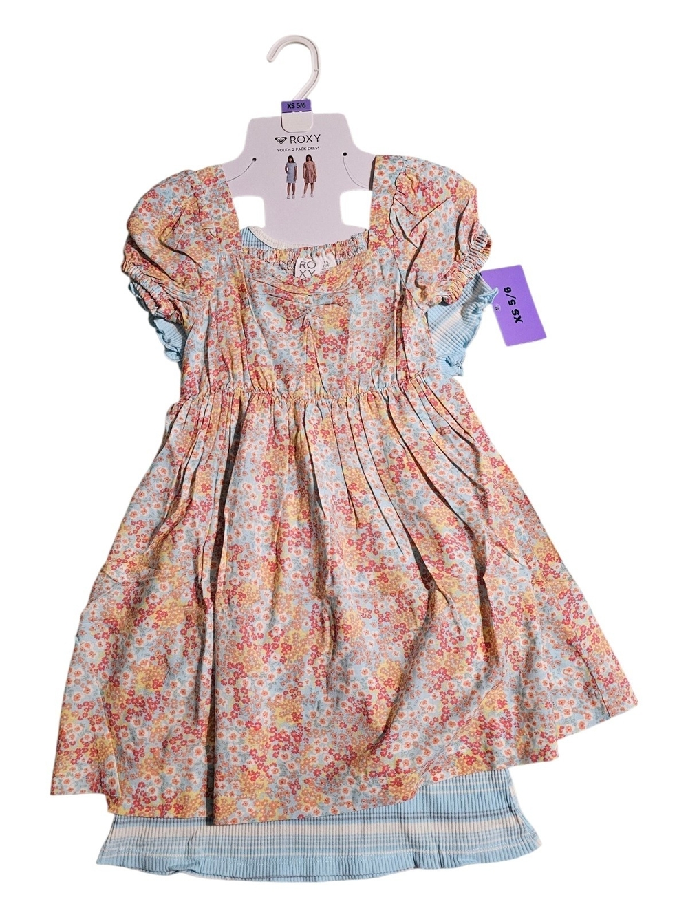 Roxy Girls Floral Puff-Sleeve Dress in Pink, Yellow & Blue